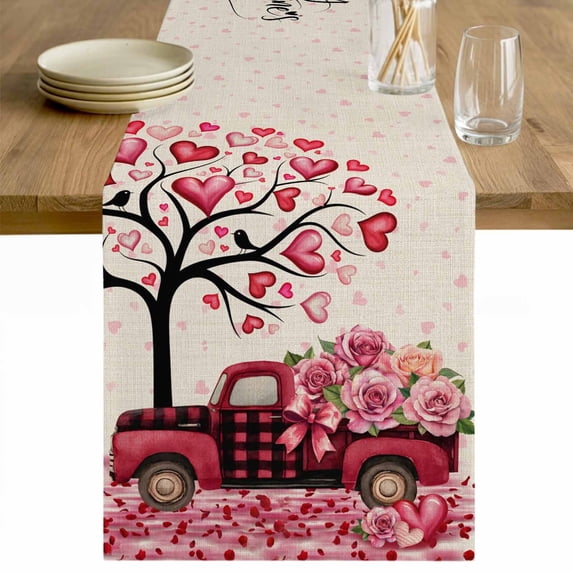 Valentine's Day Table Runner - 48 Inch Long Love Tree Branches Truck Roses Beige Cotton and Linen Blended Dress Scarves Farmhouse Table Runner for Kitchen Dining, Coffee Table, 13" x 48"