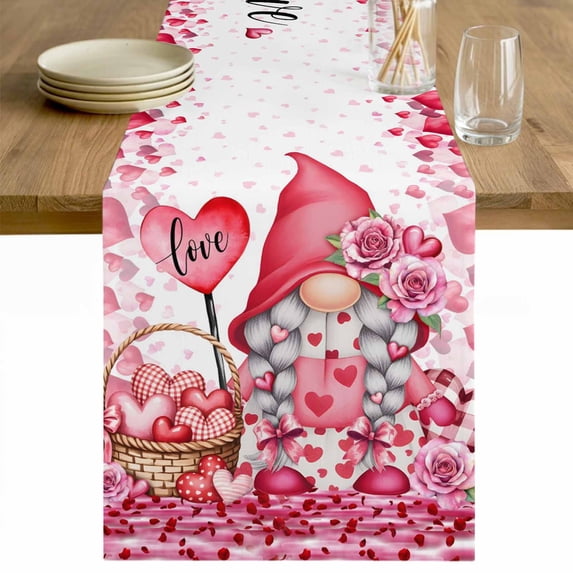 Valentine's Day Table Runner - 48 Inch Long Pink Love Gnomes Roses Romantic Cotton and Linen Blended Dress Scarves Farmhouse Table Runner for Kitchen Dining, Coffee Table, 13" x 48"