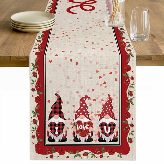 Valentine's Day Table Runner 48 Inches Long Farmhouse Dress Scarves, Love Heart Roses Gnomes Romantic Rustic Dining Tablerunner for Coffee Table/Kitchen Island/Party Décor, 13" x 48"