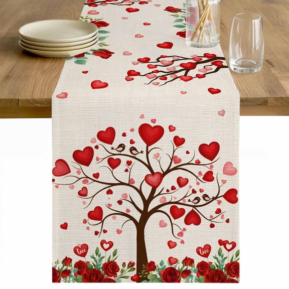 Valentine's Day Table Runner 48 Inches Long Farmhouse Dress Scarves, Romantic Love Trees Red Roses Beige Dining Tablerunner for Coffee Table/Kitchen Island/Party Décor, 13" x 48"