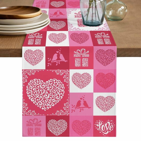 Valentine's Day Table Runner 48 Inches, Watercolor Loves Gifts Birds Checkered Bed Runner Dresser Scarves Tabletop for Indoor Outdoor Parties/Ceremony/Banquet, 13" x 48"