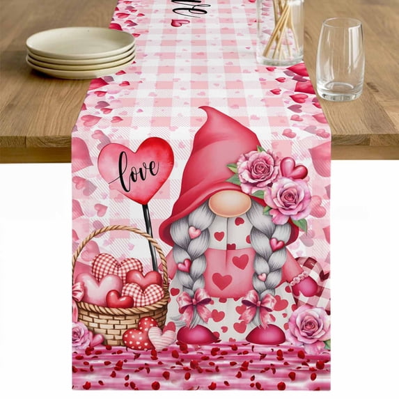 Valentine's Day Table Runner - 60 Inch Long Gnomes Love Roses Romantic Pink Plaid Cotton and Linen Blended Dress Scarves Farmhouse Table Runner for Kitchen Dining, Coffee Table, 13" x 60"
