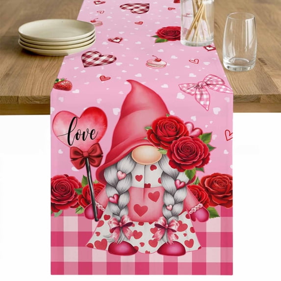Valentine's Day Table Runner - 60 Inch Long Gnomes Loves Roses Romantic Pink Plaid Cotton and Linen Blended Dress Scarves Farmhouse Table Runner for Kitchen Dining, Coffee Table, 13" x 60"