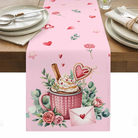 Valentine's Day Table Runner - 60 Inch Long, Kitchen Dining Table Runner Dresser Scarves, Cartoon Love Rose Floral Pink Romantic Farmhouse Decor for Coffee Tables Wedding Party Banquet