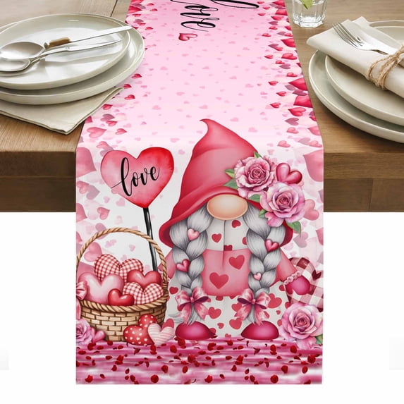 Valentine's Day Table Runner - 60 Inch Long, Kitchen Dining Table Runner Dresser Scarves, Pink Love Gnomes Roses Ombre Romantic Farmhouse Decor for Coffee Tables Wedding Party Banquet