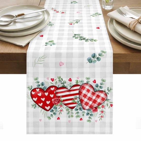 Valentine's Day Table Runner - 60 Inch Long, Kitchen Dining Table Runner Dresser Scarves, Red Love Heart Eucalyptus Grey Check Farmhouse Decor for Coffee Tables Wedding Party Banquet