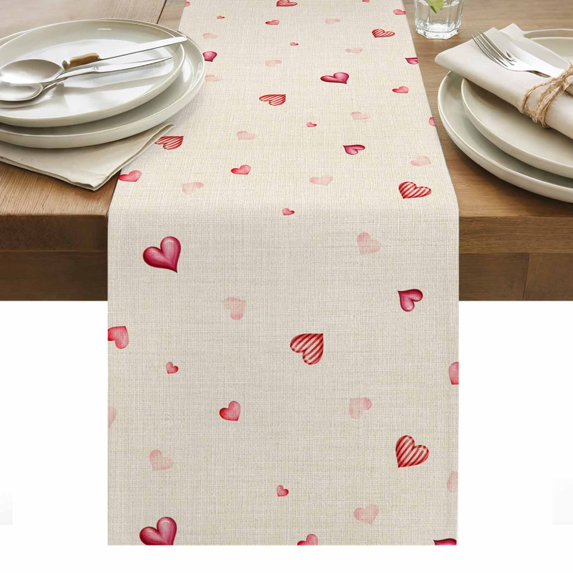 Valentine's Day Table Runner - 60 Inch Long, Kitchen Dining Table Runner Dresser Scarves, Red Love Heart Romantic Beige Burlap Farmhouse Decor for Coffee Tables Wedding Party Banquet