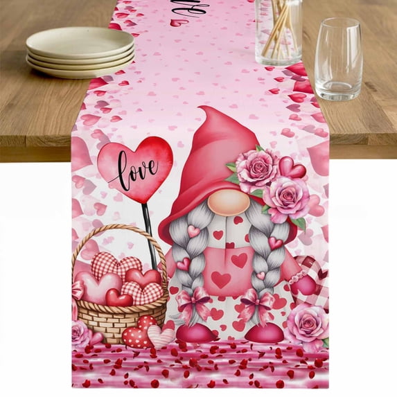 Valentine's Day Table Runner - 60 Inch Long Pink Love Gnomes Roses Ombre Romantic Cotton and Linen Blended Dress Scarves Farmhouse Table Runner for Kitchen Dining, Coffee Table, 13" x 60"
