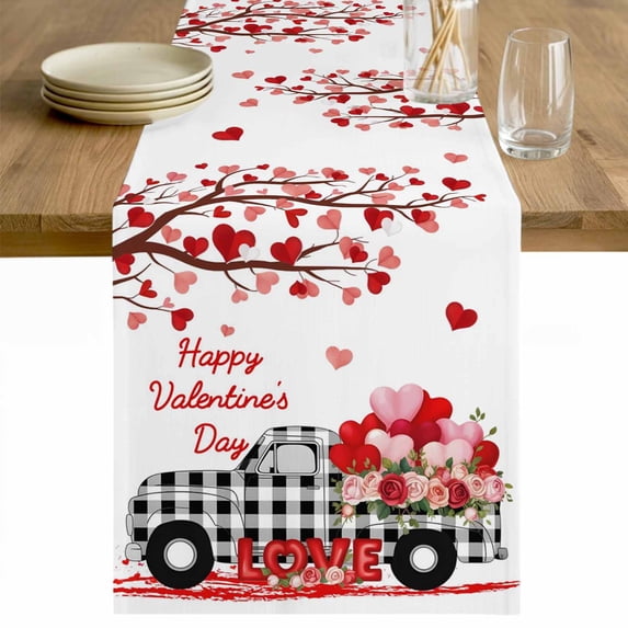 Valentine's Day Table Runner 60 Inches Long Farmhouse Dress Scarves, Love Tree Branches Truck Roses Buffalo Plaid Dining Tablerunner for Coffee Table/Kitchen Island/Party Décor, 13" x 60"