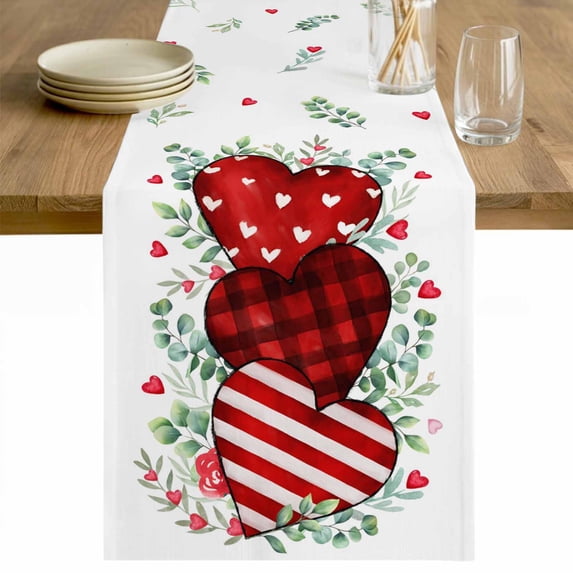 Valentine's Day Table Runner 60 Inches Long Farmhouse Dress Scarves, Red Striped Checked Love Eucalyptus Dining Tablerunner for Coffee Table/Kitchen Island/Party Décor, 13" x 60"
