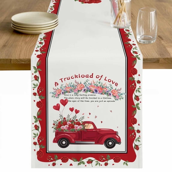 Valentine's Day Table Runner 60 Inches Long Farmhouse Dress Scarves, Red Truck Love Heart Roses Romantic Floral Dining Tablerunner for Coffee Table/Kitchen Island/Party Décor, 13" x 60"
