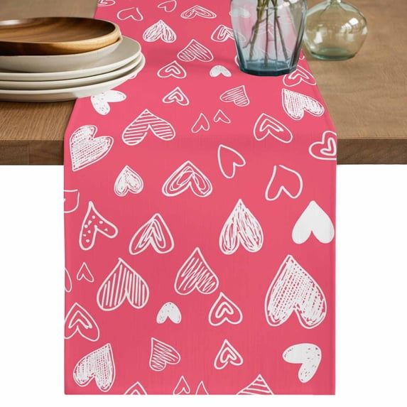 Valentine's Day Table Runner 60 Inches, Pink White Love Heart Bed Runner Dresser Scarves Tabletop for Indoor Outdoor Parties/Ceremony/Banquet, 13" x 60"