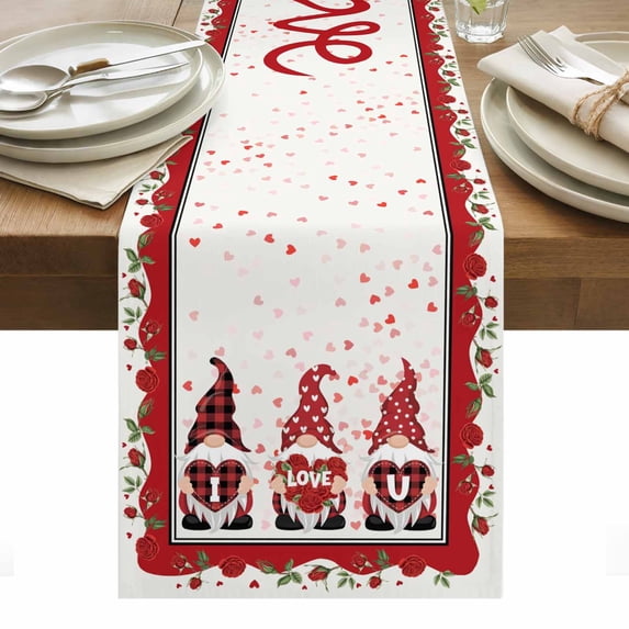 Valentine's Day Table Runner - 70 Inch Long, Kitchen Dining Table Runner Dresser Scarves, Love Heart Roses Gnomes Romantic Farmhouse Decor for Coffee Tables Wedding Party Banquet