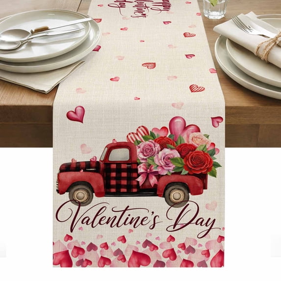 Valentine's Day Table Runner - 70 Inch Long, Kitchen Dining Table Runner Dresser Scarves, Red Roses Car Love Hearts Romantic Burlap Farmhouse Decor for Coffee Tables Wedding Party Banquet