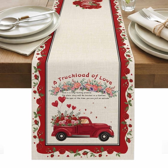 Valentine's Day Table Runner - 70 Inch Long, Kitchen Dining Table Runner Dresser Scarves, Red Truck Love Heart Roses Romantic Rustic Farmhouse Decor for Coffee Tables Wedding Party Banquet