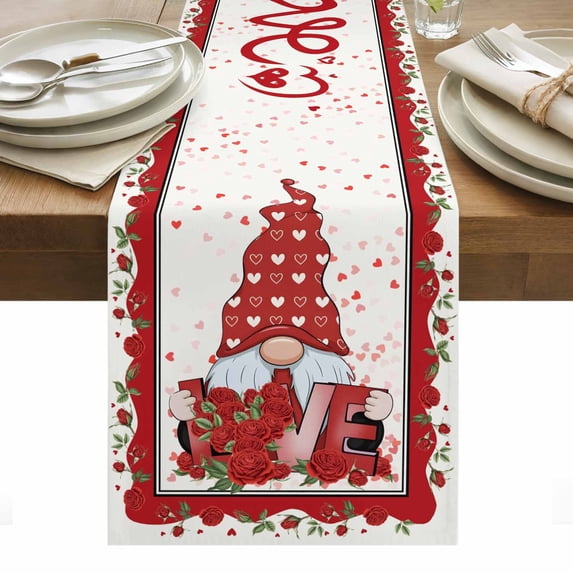 Valentine's Day Table Runner - 70 Inch Long, Kitchen Dining Table Runner Dresser Scarves, Roses Love Heart Gnomes Romantic Farmhouse Decor for Coffee Tables Wedding Party Banquet