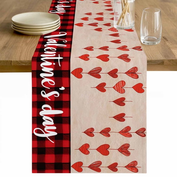 Valentine's Day Table Runner - 70 Inch Long Romantic Love Hearts Black Red Plaid Cotton and Linen Blended Dress Scarves Farmhouse Table Runner for Kitchen Dining, Coffee Table, 13" x 70"
