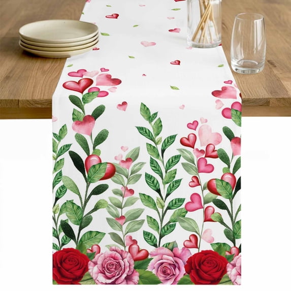 Valentine's Day Table Runner 70 Inches Long Farmhouse Dress Scarves, Pink Red Roses Love Heart Eucalyptus Leaves Dining Tablerunner for Coffee Table/Kitchen Island/Party Décor, 13" x 70"