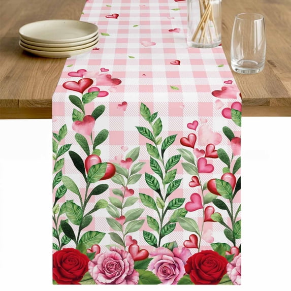 Valentine's Day Table Runner 70 Inches Long Farmhouse Dress Scarves, Pink Red Roses Love Heart Eucalyptus Plaid Dining Tablerunner for Coffee Table/Kitchen Island/Party Décor, 13" x 70"