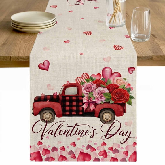 Valentine's Day Table Runner 70 Inches Long Farmhouse Dress Scarves, Red Roses Car Love Hearts Romantic Burlap Dining Tablerunner for Coffee Table/Kitchen Island/Party Décor, 13" x 70"