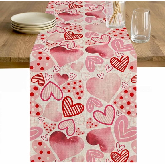 Valentine''s Day Table Runner 71 Inches Long Tablerunner Romantic Light Pink Loves Polka Dot Burlap Kitchen Dinner Cafe Table Runners Table Decor 13.8" x 71"
