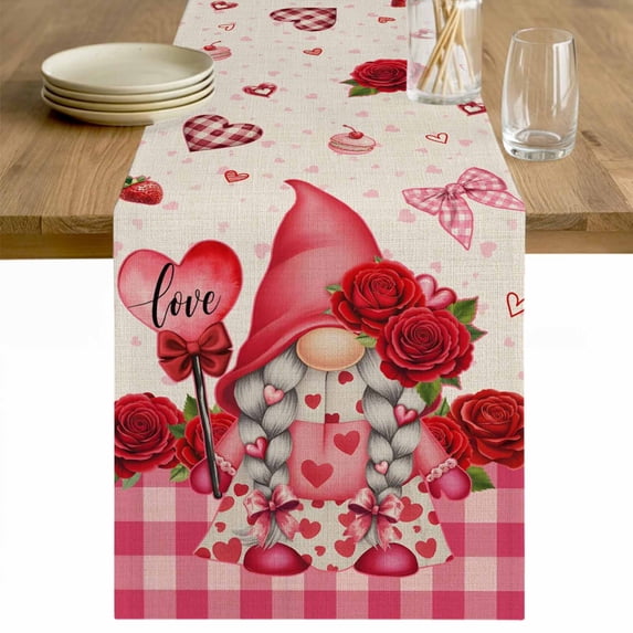 Valentine's Day Table Runner - 72 Inch Long Gnomes Loves Roses Romantic Plaid Beige Cotton and Linen Blended Dress Scarves Farmhouse Table Runner for Kitchen Dining, Coffee Table, 13" x 72"