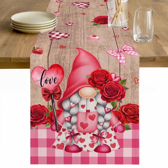 Valentine's Day Table Runner - 72 Inch Long Gnomes Roses Loves Romantic Plaid Wood Cotton and Linen Blended Dress Scarves Farmhouse Table Runner for Kitchen Dining, Coffee Table, 13" x 72"