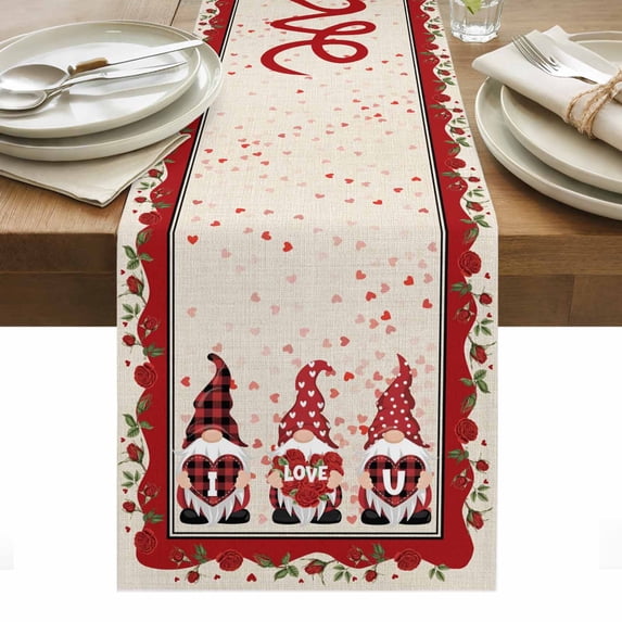 Valentine's Day Table Runner - 72 Inch Long, Kitchen Dining Table Runner Dresser Scarves, Love Heart Roses Gnomes Romantic Rustic Farmhouse Decor for Coffee Tables Wedding Party Banquet