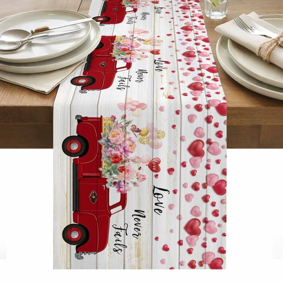 Valentine's Day Table Runner - 72 Inch Long, Kitchen Dining Table Runner Dresser Scarves, Pink Love Heart Floral Truck Wooden Farmhouse Decor for Coffee Tables Wedding Party Banquet