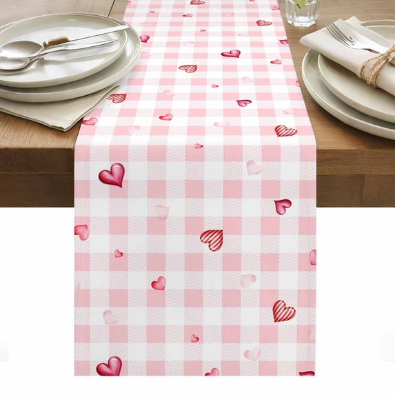 Valentine's Day Table Runner - 72 Inch Long, Kitchen Dining Table Runner Dresser Scarves, Red Love Heart Romantic Pink Buffalo Plaid Farmhouse Decor for Coffee Tables Wedding Party Banquet