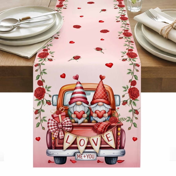 Valentine's Day Table Runner - 72 Inch Long, Kitchen Dining Table Runner Dresser Scarves, Red Roses Love Heart Gnomes Truck Pink Farmhouse Decor for Coffee Tables Wedding Party Banquet