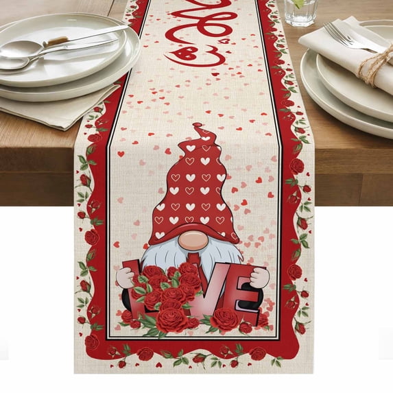 Valentine's Day Table Runner - 72 Inch Long, Kitchen Dining Table Runner Dresser Scarves, Romantic Roses Love Heart Gnomes Rustic Farmhouse Decor for Coffee Tables Wedding Party Banquet