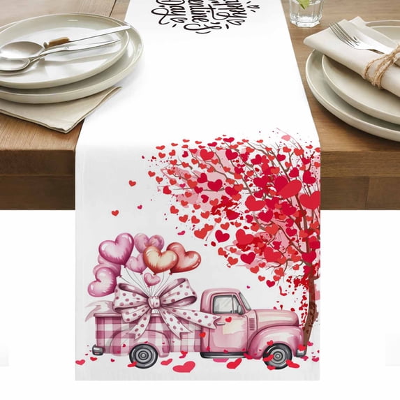 Valentine's Day Table Runner - 72 Inch Long, Kitchen Dining Table Runner Dresser Scarves, Watercolor Trucks Love Tree Balloons Farmhouse Decor for Coffee Tables Wedding Party Banquet