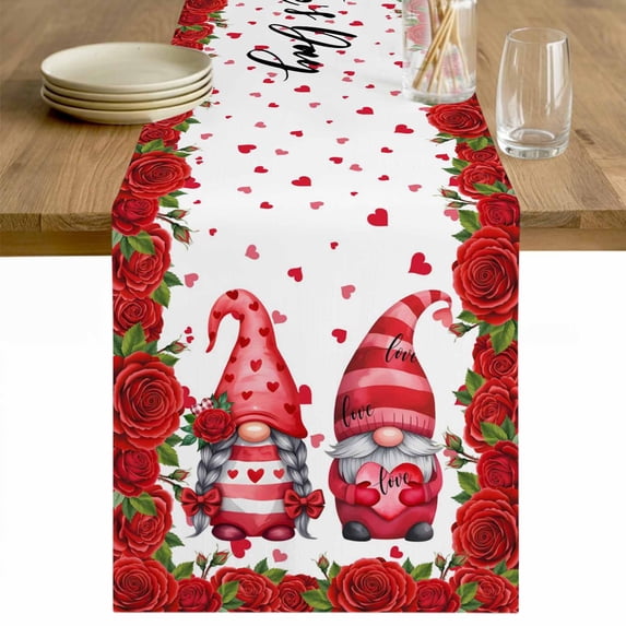 Valentine's Day Table Runner - 72 Inch Long Red Gnomes Roses Flowers Love Romance Cotton and Linen Blended Dress Scarves Farmhouse Table Runner for Kitchen Dining, Coffee Table, 13" x 72"