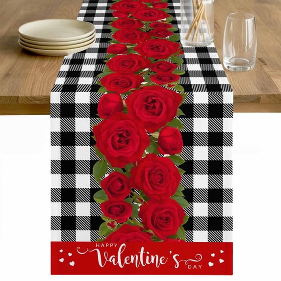 Valentine's Day Table Runner - 72 Inch Long Red Roses Floral Leaves Buffalo Plaid Cotton and Linen Blended Dress Scarves Farmhouse Table Runner for Kitchen Dining, Coffee Table, 13" x 72"