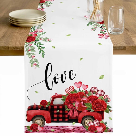 Valentine's Day Table Runner - 72 Inch Long Red Truck Roses Leaves Love Romantic Cotton and Linen Blended Dress Scarves Farmhouse Table Runner for Kitchen Dining, Coffee Table, 13" x 72"