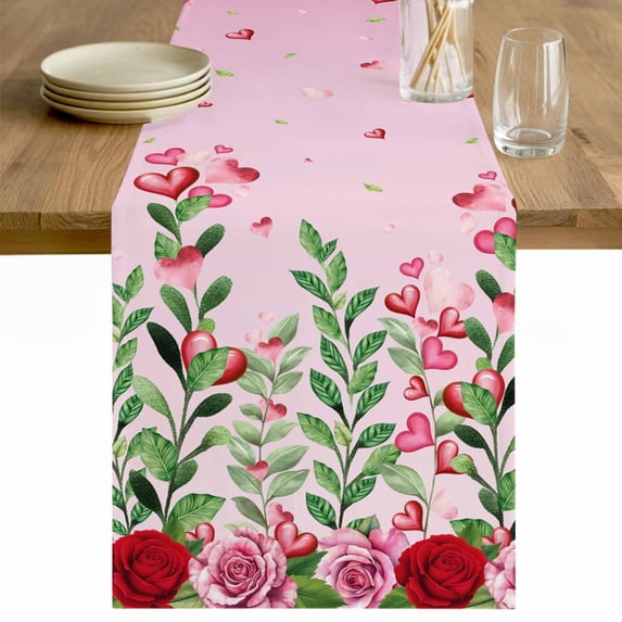 Valentine's Day Table Runner 72 Inches Long Farmhouse Dress Scarves, Pink Red Roses Love Heart Eucalyptus Gradient Dining Tablerunner for Coffee Table/Kitchen Island/Party Décor, 13" x 72"