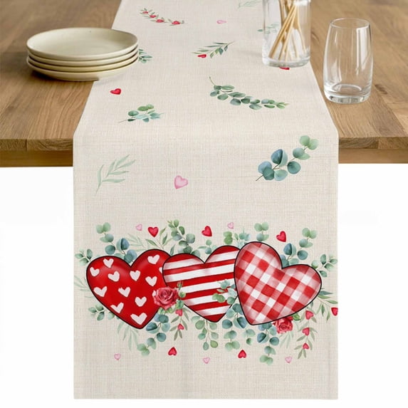 Valentine's Day Table Runner 72 Inches Long Farmhouse Dress Scarves, Red Love Heart Eucalyptus Beige Burlap Dining Tablerunner for Coffee Table/Kitchen Island/Party Décor, 13" x 72"