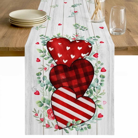 Valentine's Day Table Runner 72 Inches Long Farmhouse Dress Scarves, Red Striped Love Eucalyptus Grey Wooden Dining Tablerunner for Coffee Table/Kitchen Island/Party Décor, 13" x 72"