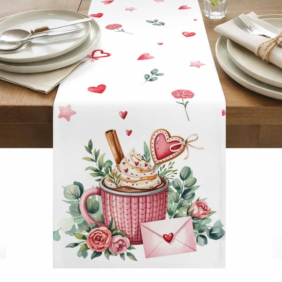 Valentine's Day Table Runner - 90 Inch Long, Kitchen Dining Table Runner Dresser Scarves, Cartoon Love Rose Floral Envelope Farmhouse Decor for Coffee Tables Wedding Party Banquet