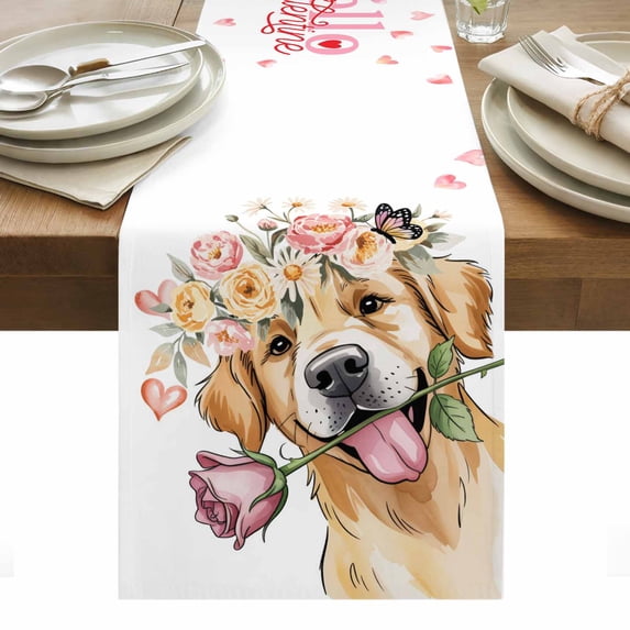 Valentine's Day Table Runner - 90 Inch Long, Kitchen Dining Table Runner Dresser Scarves, Cute Dog Heart Roses Floral Romantic Farmhouse Decor for Coffee Tables Wedding Party Banquet