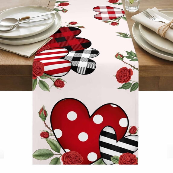 Valentine's Day Table Runner - 90 Inch Long, Kitchen Dining Table Runner Dresser Scarves, Red Love Heart Roses Romantic Farmhouse Decor for Coffee Tables Wedding Party Banquet