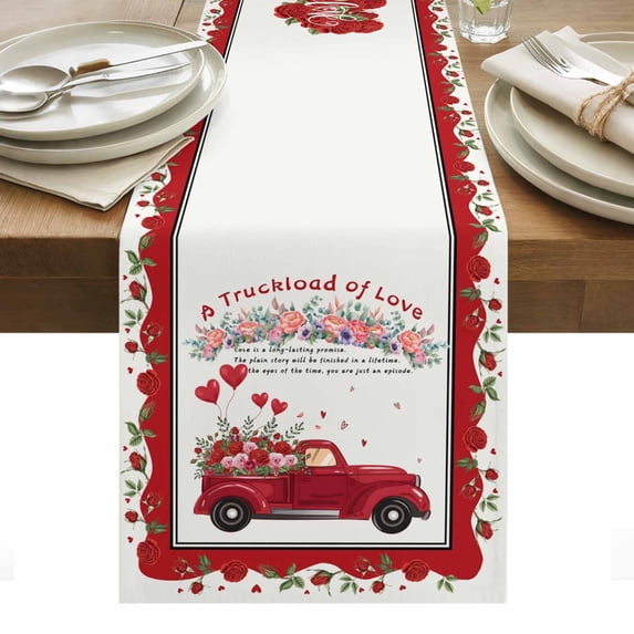Valentine's Day Table Runner - 90 Inch Long, Kitchen Dining Table Runner Dresser Scarves, Red Truck Love Heart Roses Romantic Floral Farmhouse Decor for Coffee Tables Wedding Party Banquet