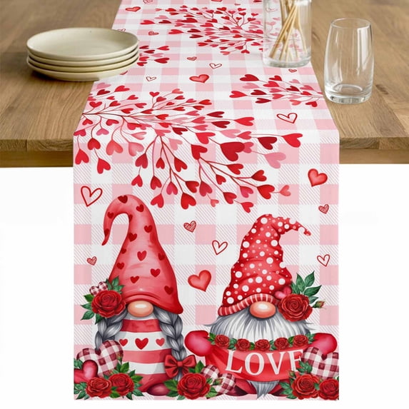 Valentine's Day Table Runner - 90 Inch Long Loves Gnomes Roses Romantic Pink Plaid Cotton and Linen Blended Dress Scarves Farmhouse Table Runner for Kitchen Dining, Coffee Table, 13" x 90"