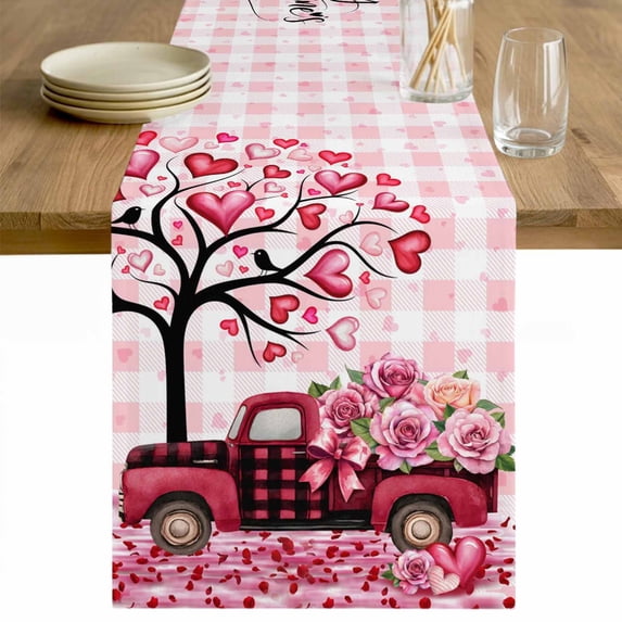 Valentine's Day Table Runner - 90 Inch Long Romantic Love Tree Truck Roses Pink Plaid Cotton and Linen Blended Dress Scarves Farmhouse Table Runner for Kitchen Dining, Coffee Table, 13" x 90"