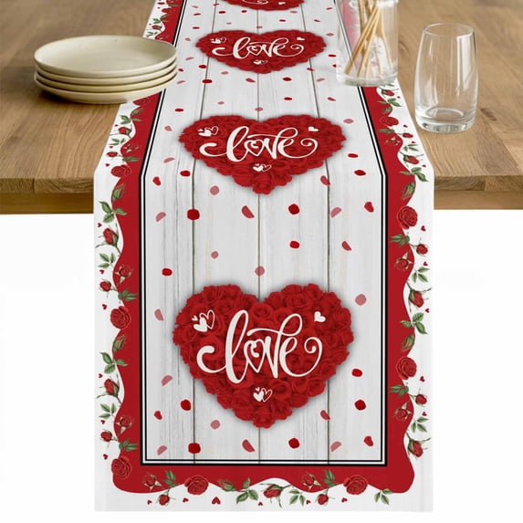 Valentine's Day Table Runner 90 Inches Long Farmhouse Dress Scarves, Red Love Heart Roses Romantic Wooden Dining Tablerunner for Coffee Table/Kitchen Island/Party Décor, 13" x 90"