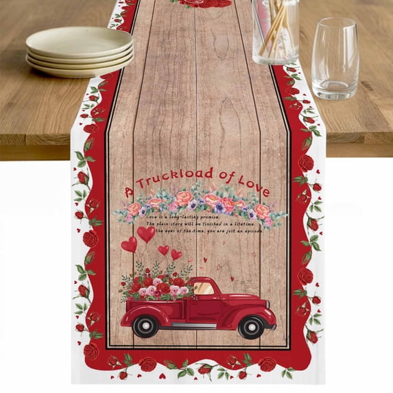 Valentine's Day Table Runner 90 Inches Long Farmhouse Dress Scarves, Red Truck Love Heart Roses Romantic Wooden Dining Tablerunner for Coffee Table/Kitchen Island/Party Décor, 13" x 90"