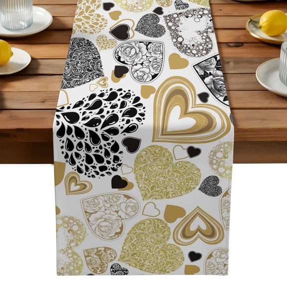 Valentine's Day Table Runner, Abstract Black Gold Roses Water Drops Love Heart Washable Kitchen Table Runners Dress Scarves for Dining Table Decorations Party, 13x72in