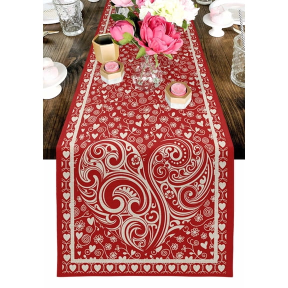 Valentine's Day Table Runner, Abstract Boho Romantic Floral Leaf Dark Red Love Heart Washable Cotton-linen Table Runners Dining Kitchen Decoration for Everyday Home Wedding Party Decor, 13 x 36 Inch