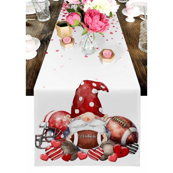Valentine's Day Table Runner, Abstract Gnome with Rugby Red Black Stripes Love Heart Washable Cotton-linen Table Runners Dining Kitchen Decoration for Everyday Home Wedding Party Decor, 13 x 36 Inch